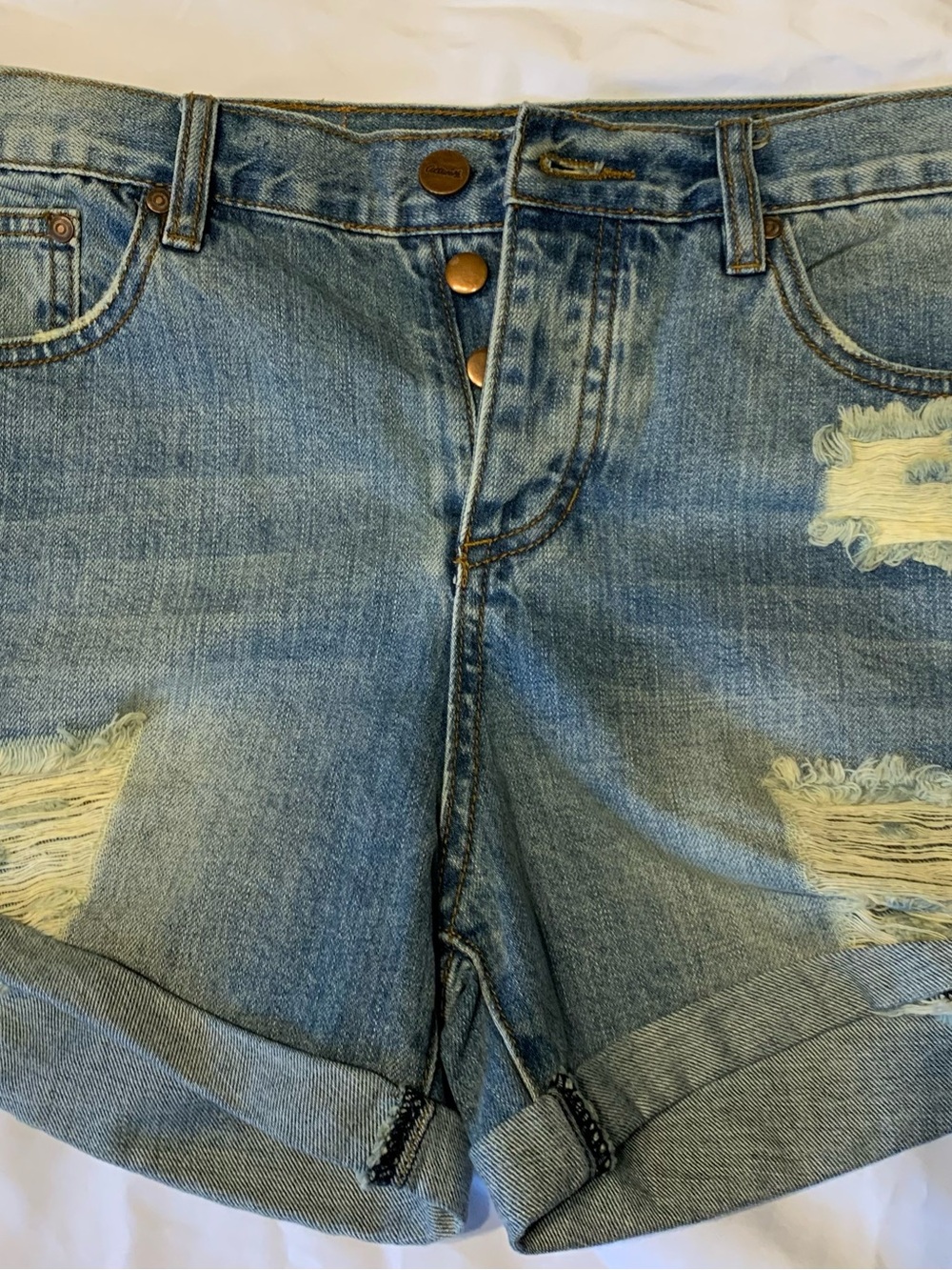 Active USA Light Blue Denim Shorts with Tan Leather Patch